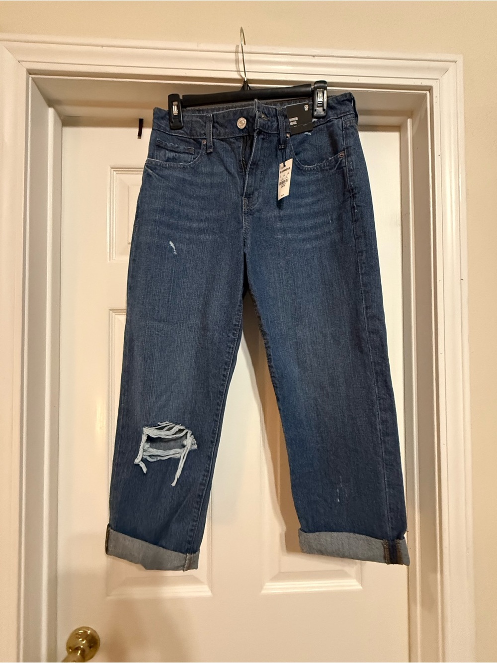 Express Women's Dark Blue Boyfriend Mid Rise Jeans with Knee Distress